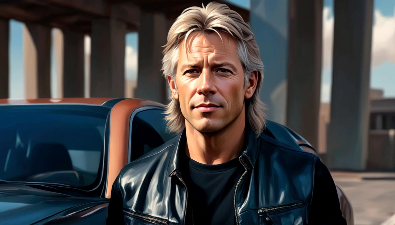 Imagem de um homem com uma jaquetalineker a man resembling the singer jon bom jovi, with light hair, brown eyes, sitting on the sofa in his home de couro ao lado de um carro, realistic digital painting, portrait of the art work of martin ansin, high-quality digital painting, photorealistic digital painting, Realistic digital artwork, in the style of digital painting, James Gurney's painting style, blessed waters in wlop style, realistic digital illustration, stunning digital painting, cute digital painting