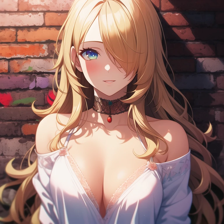 ultra realistic 8k cg, masterpiece, ((ultra detailed background, delicate pattern, intricate detail)), best quality, intricate details, chromatic aberration, 1girl, long hair, golden hair, messy hair, red highlights, hair over one eye, sharp eyes, choker, brick wall, graffiti, dim lighting, alley, oversized shirt,off shoulder, see through white shirt, Masterpiece, best quality