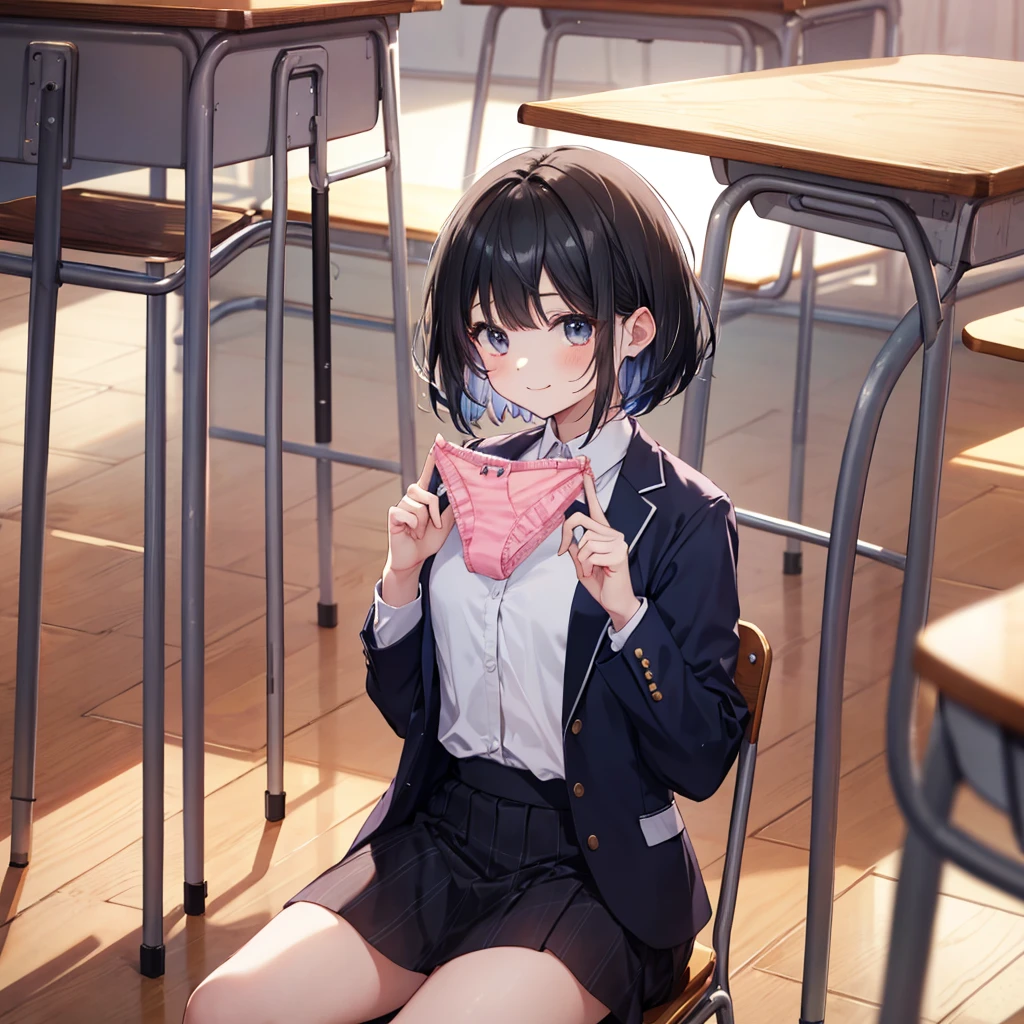 (masterpiece, 4K resolution, Super realistic, very detailed), girl、、12 years old、blazer、sit on a chair、classroom、Holding pink panties with both hands、smile、black hair、bob cut、