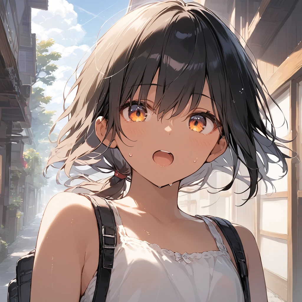 score_9, score_8_up, score_7_up, source_anime, best quality, masterpiece, official art, absurdres, highres, ultra-detailed,waifu2x,Collection: Slice of Life,break,1girl, tomboy, dark-skinned female, short hair, low ponytail, flat chest,  beautiful detailed eyes, adventure, sweat, open mouth, (yawn:0.3), sleepily, outdoors, wind, break,(clear line illustration:1.2),very high resolution, very aesthetic, super detailed skin, Best sexual lighting powered by famous artist, 8k,cute picture,beauty illustration,photoshop_(medium),,(Detailed Lighting),best anime 8k konachan wallpaper, pixiv contest winner, 