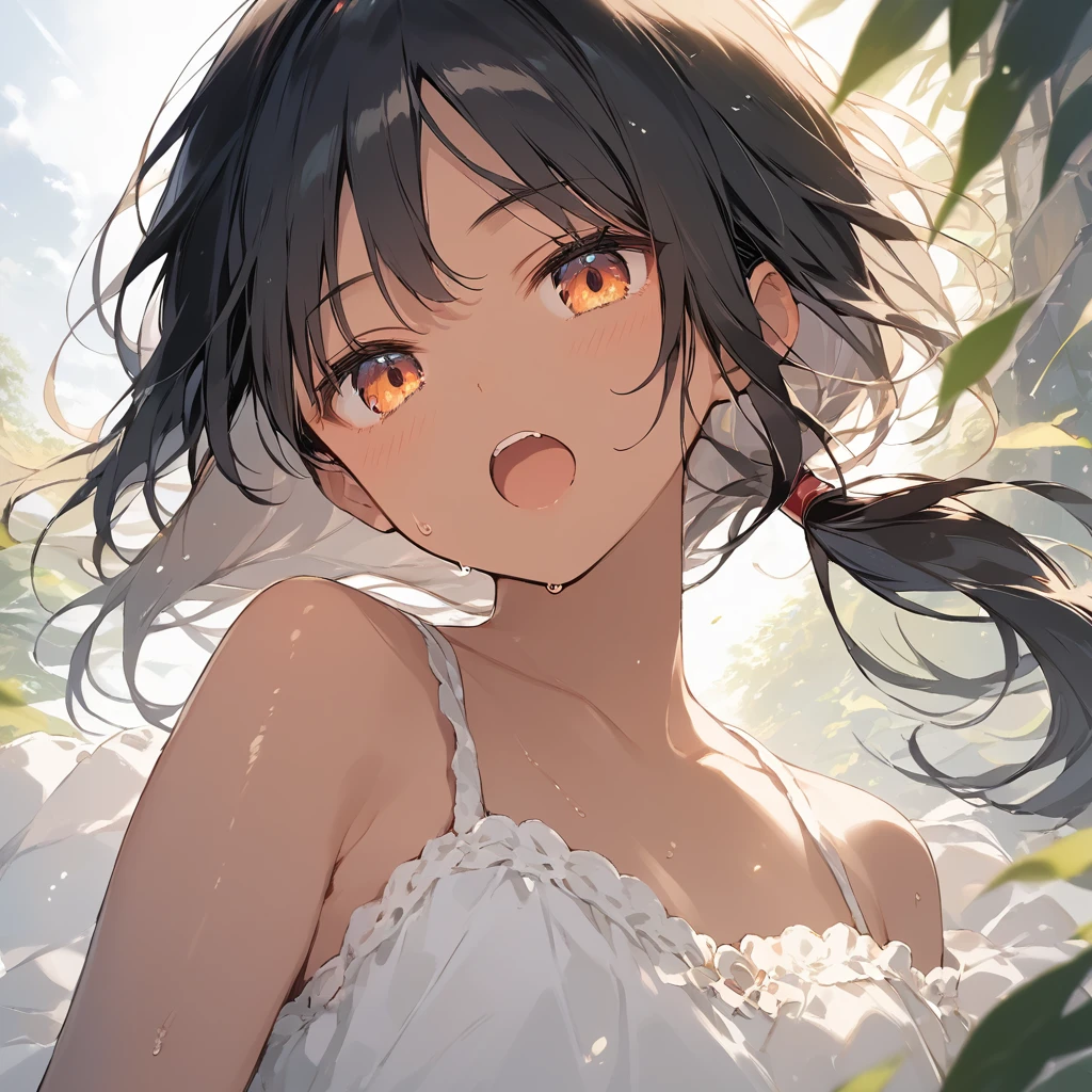 score_9, score_8_up, score_7_up, source_anime, best quality, masterpiece, official art, absurdres, highres, ultra-detailed,waifu2x,Collection: Slice of Life,break,1girl, tomboy, dark-skinned female, short hair, low ponytail, flat chest,  beautiful detailed eyes, adventure, sweat, open mouth, (yawn:0.3), sleepily, outdoors, wind, break,(clear line illustration:1.2),very high resolution, very aesthetic, super detailed skin, Best sexual lighting powered by famous artist, 8k,cute picture,beauty illustration,photoshop_(medium),,(Detailed Lighting),best anime 8k konachan wallpaper, pixiv contest winner, 
