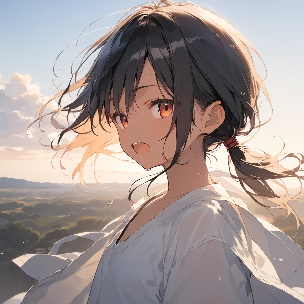 score_9, score_8_up, score_7_up, source_anime, best quality, masterpiece, official art, absurdres, highres, ultra-detailed,waifu2x,Collection: Slice of Life,break,1girl, tomboy, dark-skinned female, short hair, low ponytail, flat chest,  beautiful detailed eyes, adventure, sweat, open mouth, (yawn:0.3), sleepily, outdoors, wind, break,(clear line illustration:1.2),very high resolution, very aesthetic, super detailed skin, Best sexual lighting powered by famous artist, 8k,cute picture,beauty illustration,photoshop_(medium),,(Detailed Lighting),best anime 8k konachan wallpaper, pixiv contest winner, 