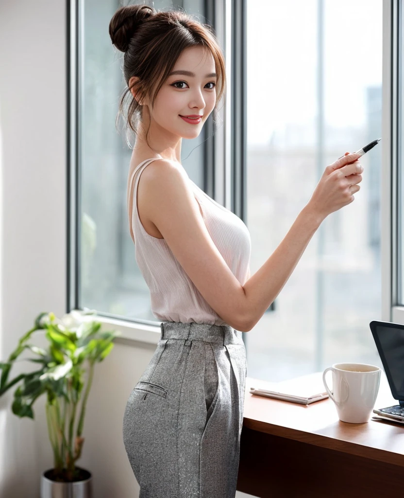ulzzang-6500-v1.1, (RAW photo:1.2), (Photoreal), (See-through:1.3), (muste piece), (genuine:1.4), １girl、26 years old、game_ticker,  オーシャンブルーのeye(eye), smile of shame、blonde semi-long hair、curly hair、ヨーロッパのgirl、(elegant shiny satin blouse:1.4), (super realistic pantyhose:1.2), (flare skirt:1.2), sitting in the office and working at the desk、realistic skin texture、shiny skin、exposed thighs!!! , Makeup、(very affectionate smile:1.2)、