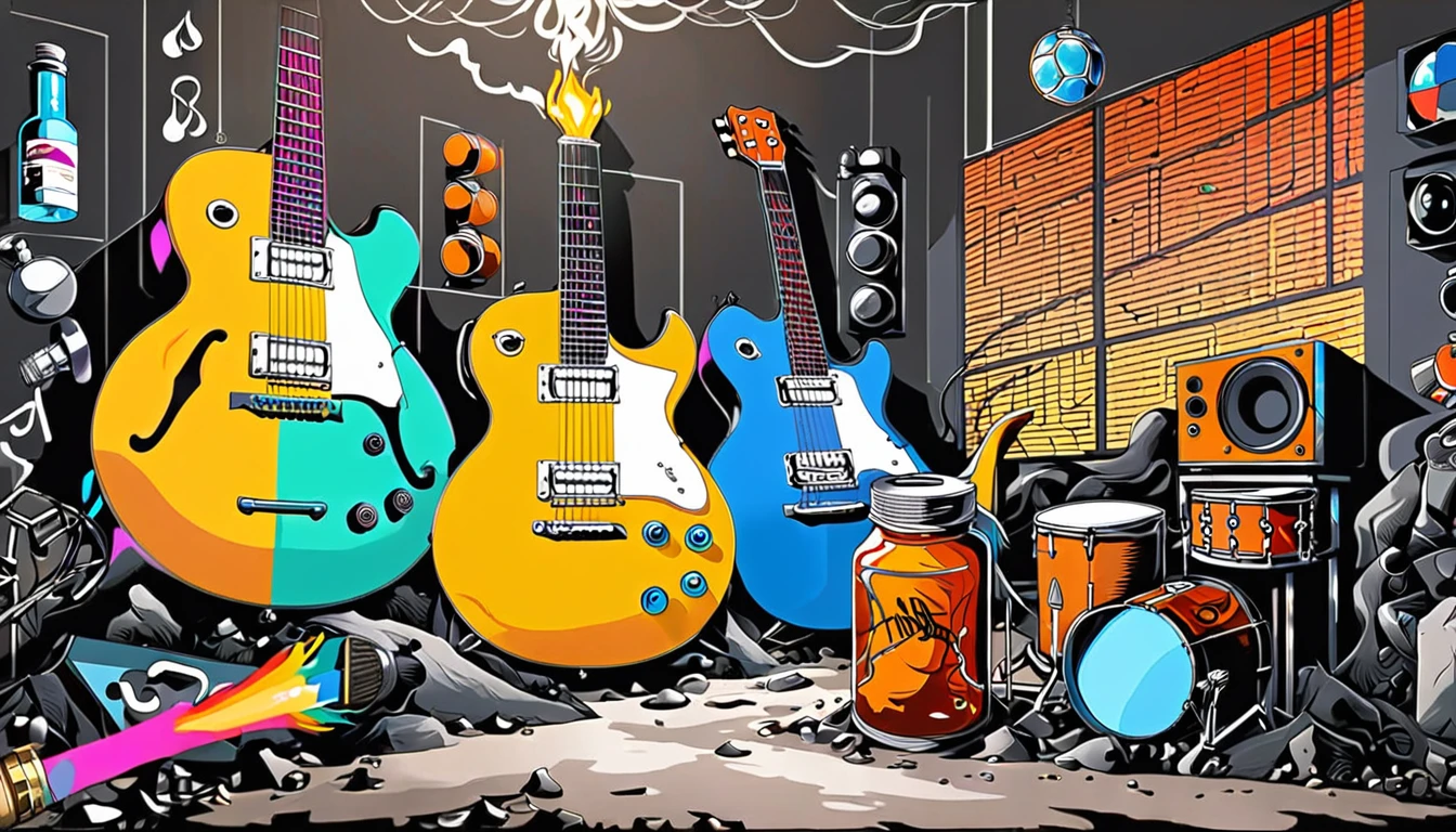 Masterpiece; Guitars and drums in a small science lab(((several science bottles around the room))); World map on the wall. Beatles and Stones complete with speakers and glass flasks of chemistry, embody the resilience and tenacity of the scientific community, infused with a bold graphic allure that enlivens the spirit of science. The design penetrates layers of depth, integrating the raw essence and vibrant cores of Rio de Janeiro culture. Brushstrokes that incorporate the fluid energy of graffiti on guitars and acoustic guitars weave around dynamic geometric shapes, adorning the laboratories with an evocative masterpiece that speaks to the heart of the intersection between two diverse worlds. Majestically rendered in high definition and vibrant color, every detail bursts with life, inviting viewers to marvel at the beauty that; by Monet