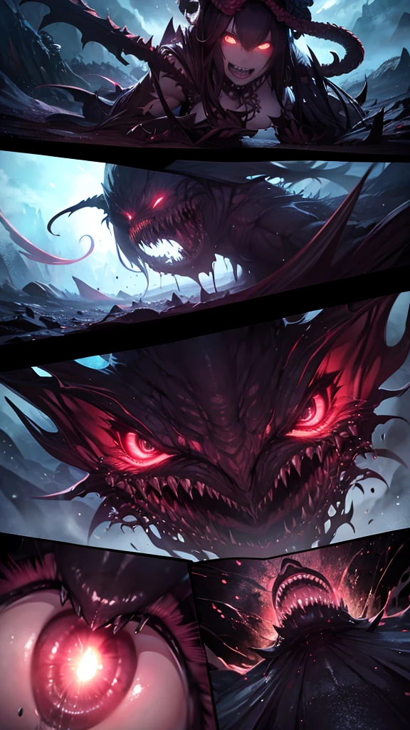 a monstrous girl engaging in sexual activities, highly detailed, cinematic lighting, hyperrealistic, 8k, photorealistic, dramatic composition, intense colors, dark fantasy, horror, gothic, surreal, erotic, anatomically correct, slimy tentacles, glowing eyes, sharp teeth, inhuman features, muscular body, intense expressions, dramatic poses, dynamic action, detailed textures, atmospheric environment