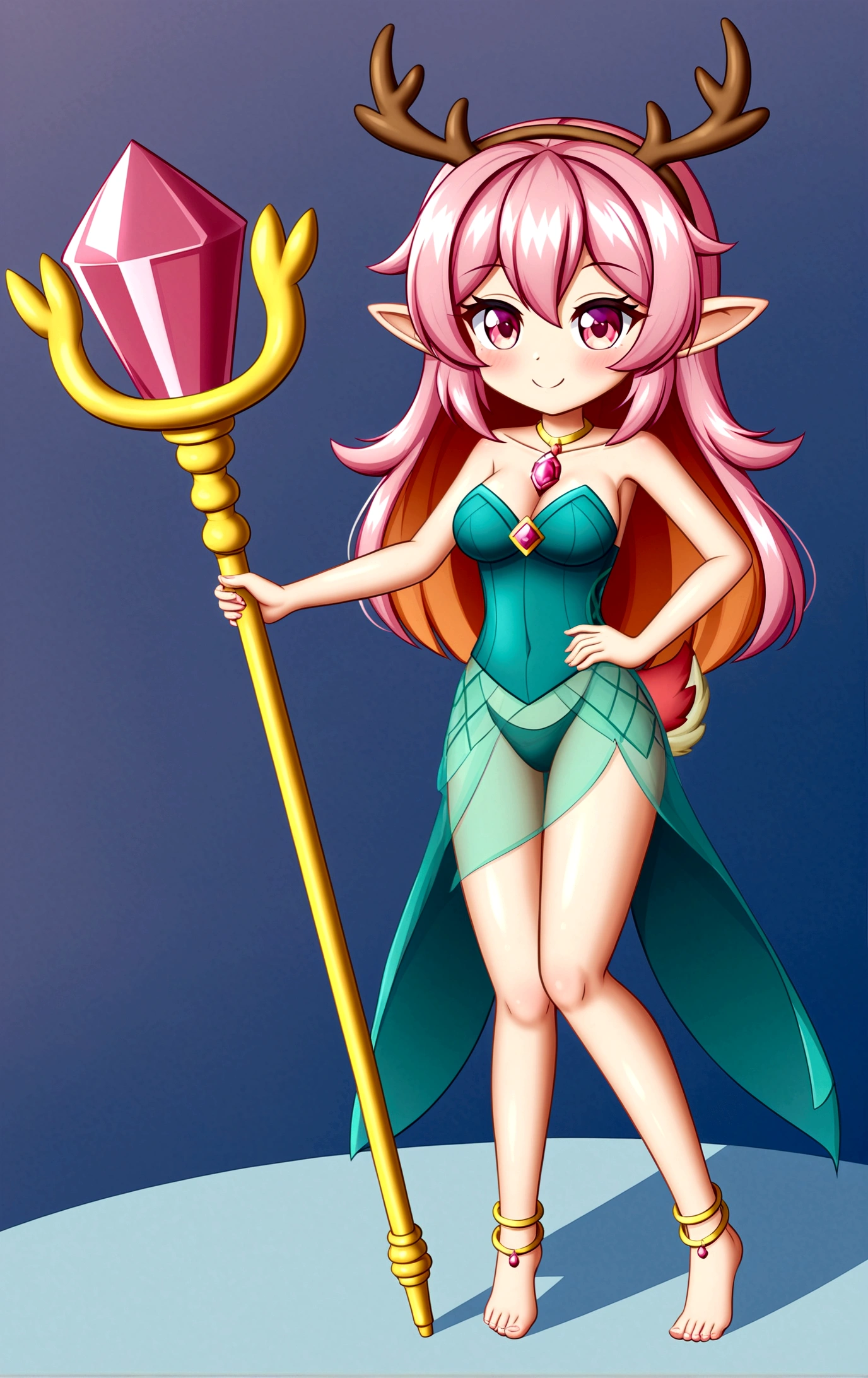 Dream illustration：Cartoon anime style，beautiful girl，Cute expression，Fluffy pink hair，Pink Eyes，Cute pink deer antlers，Elf ears，Orange tulle short skirt，Metal gem-encrusted scepter glows，Slender legs，Standing barefoot，Bells on anklets。(((Correct human anatomy)))，In the magic forest，A cute white deer