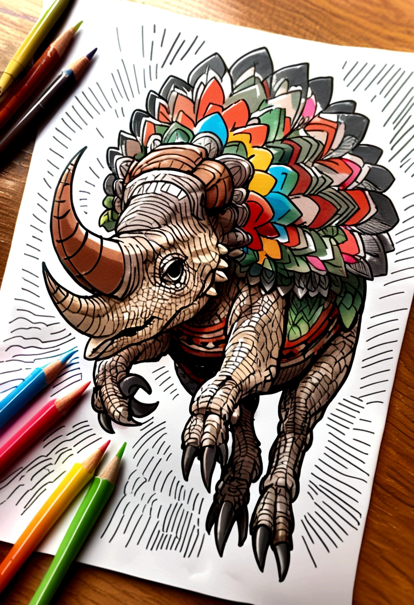 triceratops，jungle、Coloring book