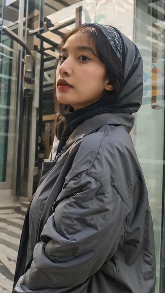 a woman in a hijab, medium bust size, wearing an indonesian civil servant uniform, exploring her chest