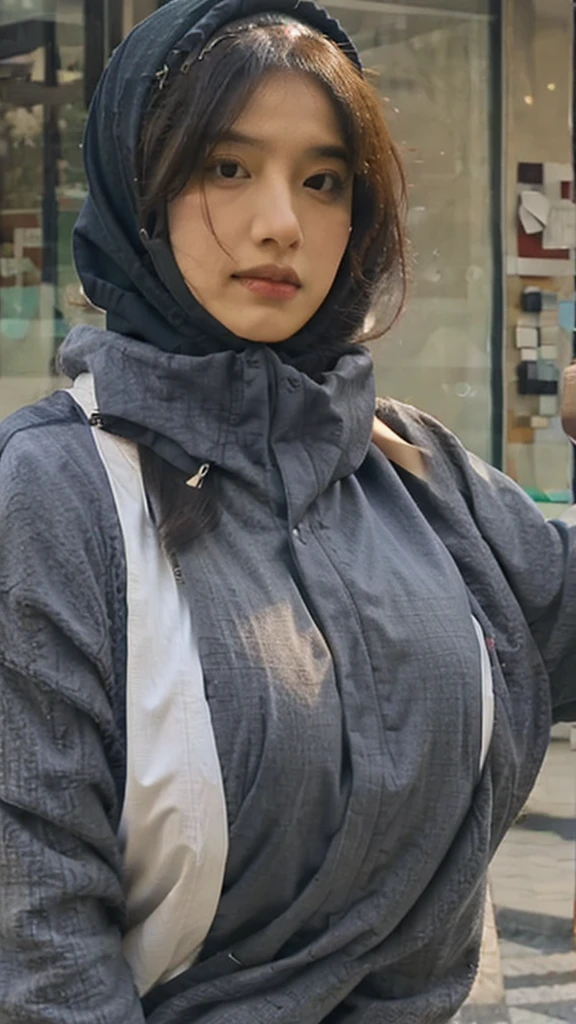 a woman in a hijab, medium bust size, wearing an indonesian civil servant uniform, exploring her chest