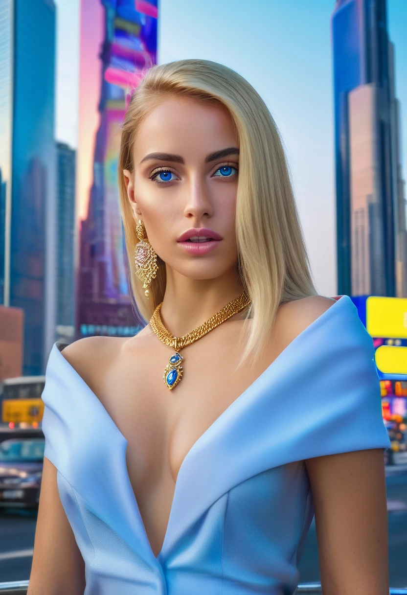 a stunning spanish woman with golden hair and piercing blue eyes, wearing fashionable clothing and jewelry, standing in front of a luxurious cityscape with skyscrapers and neon billboards, (best quality,4k,8k,highres,masterpiece:1.2),ultra-detailed,(realistic,photorealistic,photo-realistic:1.37),portrait,photography,cinematic lighting,detailed environment,vivid colors,fashion,luxury,cityscape