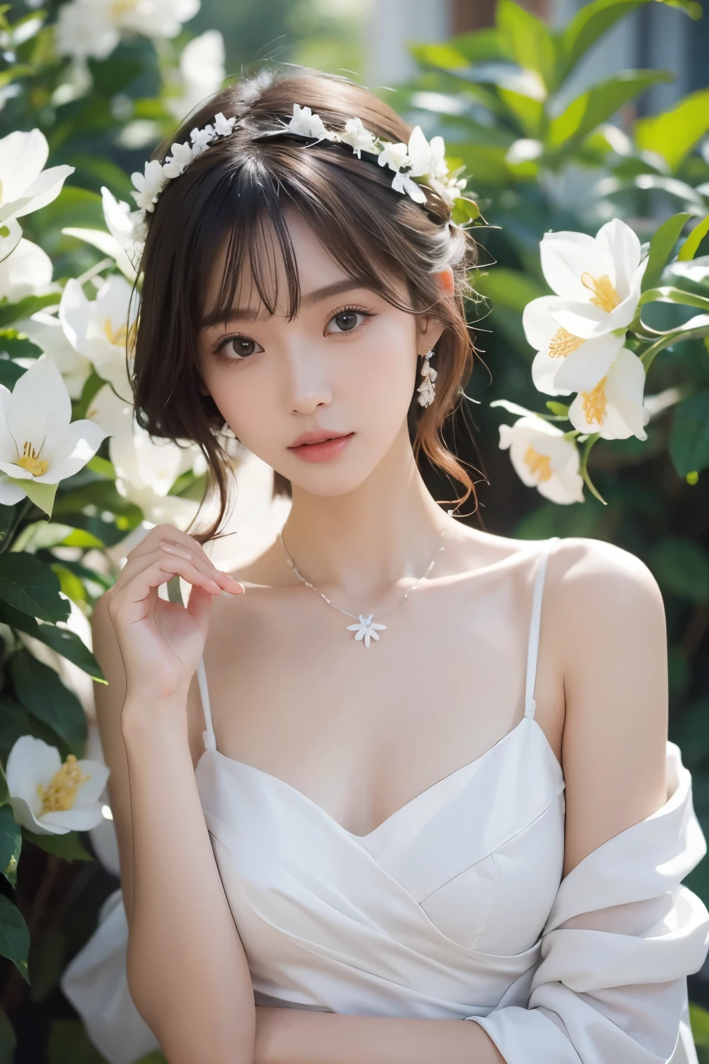 best quality、masterpiece、high resolution、1.girl、White porcelain soft satin dress、White Dress，White robe，Exquisite hair accessories、Beautiful necklace、detailed jewellery、Pretty Face、physically、Flat and slim body，Moderate breasts，Tyndall effect、Realistically、周围有White flowers、White flowers，Edge lighting、周围有White flowers、Two-color lighting、（High Detail Skin：1.2）、8K, Ultra HD、Digital SLR Camera、Soft Light、high quality、Volumetric Light、、Light Solution、high resolution、4K、8K、Background blur，