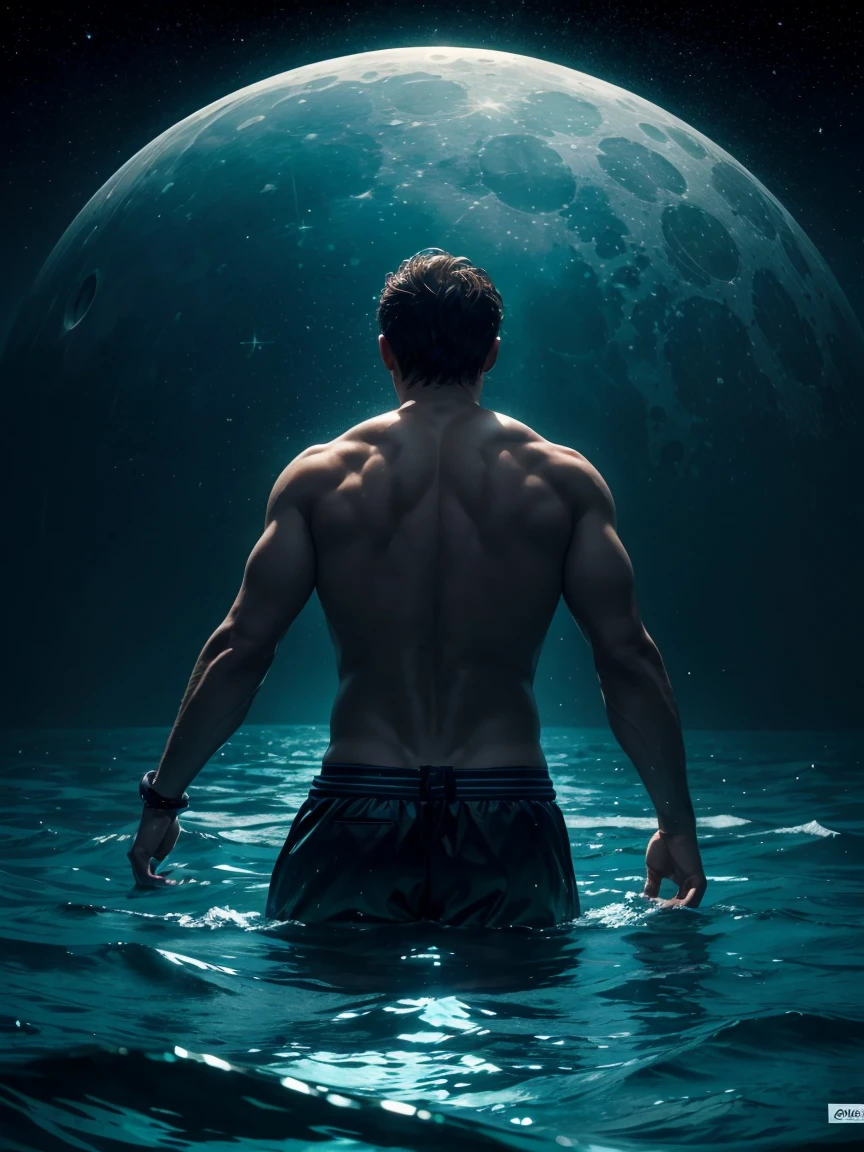 a man, in a sea, with half his body submerged in the water, behind a starry sky with a moon in the center