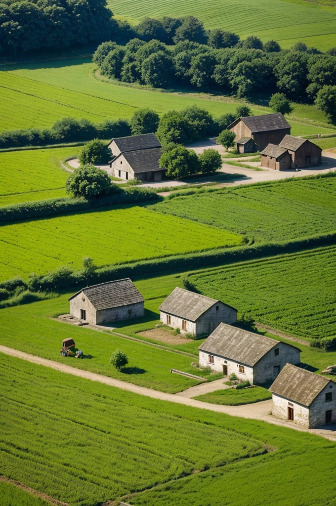 A small village scene with farmers working in the fields.