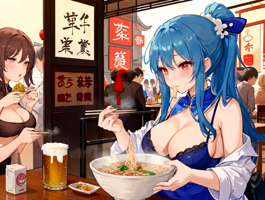 A cute student in underwear and an older teacher eat Chinese food together、Big boobs and small boobs、A thin cute blue bra、Thin cute blue underwear、Large serving of salt ramen, fried rice and gyoza set meal、Beer in a mug、