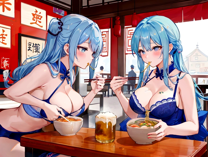 A cute student in underwear and an older teacher eat Chinese food together、Big boobs and small boobs、A thin cute blue bra、Thin cute blue underwear、Large serving of salt ramen, fried rice and gyoza set meal、Beer in a mug、