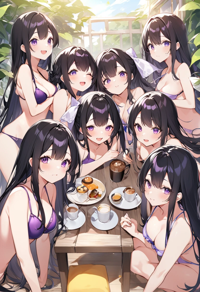 Wearing a purple bikini、barefoot。hair is black、Purple eyes。Breasts are K cup。The skin is white and、Long hair。Has one brother and one sister。My sister has an E cup。All of them have black hair。6 siblings。It's like diving into the ocean and looking at the coral reefs and fish.。in the sea。My brother is wearing a purple diving suit.。I have one older brother.。I have five sisters.。All six people, including myself。My sister is 、My brother is 15 years old