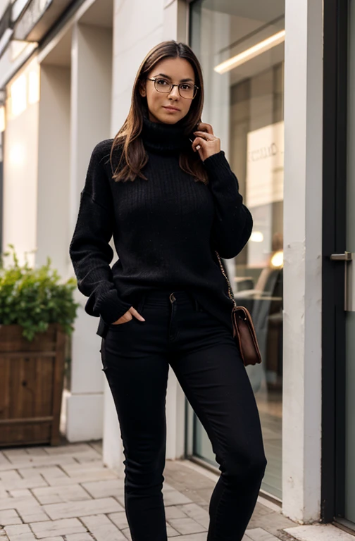 26 year old Slavic girl a little tanned, eyeglasses, porte un pull col roulé noir assez chic et long, tight jeans , a few extra pounds, close to an office, she has a tanned complexion