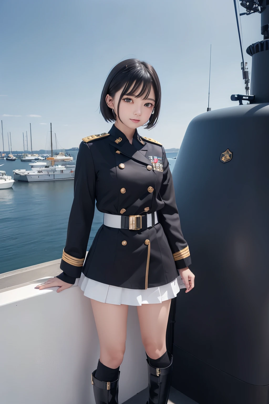 One girl、short hair(淡いblack)、Navy uniform(white)、Epaulettes(white、black、gold)、belt、mini skirt(black)、Buckled short boots(black)、Standing on a submarine、Composition from above、Military port