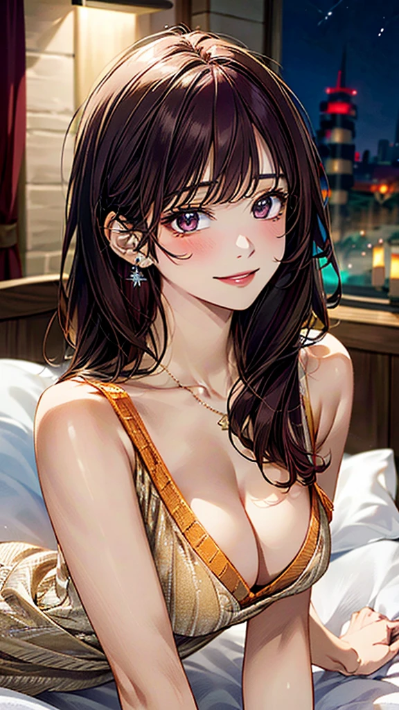 (masterpiece:1.3, Highest quality, Ultra-high resolution:1.2, Super detailed、8K), (Realistic, photoRealistic:1.4), Beautiful illustrations, Perfect lighting, colorful, Depth of written boundary, Beautiful detailed hair, Beautifully detailed face, Beautiful fine details, Droopy eyes、Beautiful clavicle, Beautiful body, 美しいLarge Breasts, Beautiful thighs, Beautiful feet, Beautiful fingers, View Viewer、Front view:0.6, Beauty1人, Japanese, Beauty、30 years old, Perfect Face, (Perfect Anatomy, Anatomically correct), Cute and symmetrical face, Baby Face, , Shiny skin,(Orange A-line knit dress:1.4), (deep purple hair, Medium Straight Hair:1.4), braided bangs、Dark brown eyes, (Large Breasts, Slim body), necklace, Small earrings:1.1, (Beautiful views), (night),( A luxury hotel room),((Lying in bed)), Sexy pose、A soft smile、(Smile, Lips parted),