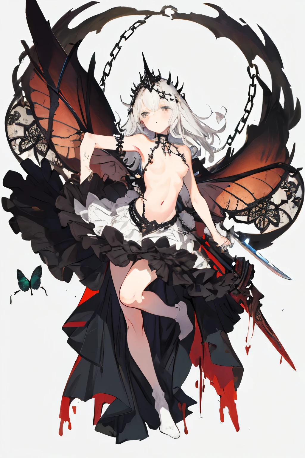 ((best quality)), ((masterpiece)), (detailed), 1girl, Character design, female, dynamic poses, long white grey hair, grey white eyes, very skinny, detailed, best quality, no accesoires around the neck, no shoes, prominent collarbones, skinny arms, flat stomach, visible hip bones, full body, blank white background, plain background, white background, red and white clothing, Bloodborne inspired, occult aesthetic, occult, detailed and intricate steampunk and detailed gothic, NSFW, Very dramatic and cinematic lighting, cosmic horror, grim-dark, side-lighting, perfect face, NSFW, Fluttering lace flared long knee length dress with frilly petticoats, knee length dress, pleated petticoats, petticoats gothic, complex lace boots, side-lighting, gothic aesthetic, wielding a mighty sword with mechanical components, mandalas, small breasts, a fairy, various different types of insect wings, beetle wings, NSFW, full body, whole body, body, plain background, white background, blank background, no background, white background NSFW, chains, full body, whole body, head-to-toe NSFW