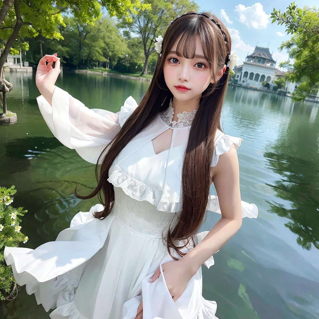 there is an ancient palace beside the girl, a extremely delicate and beautiful girl, photorealistic, incredibly absurdres, Abstract art, Show from the hips to the shoulders, grabbing, extremely detailed body, woman, young,20 years old, very long hair, floating hair, light brown hair, two-tone hair, beautiful detailed hair, delicate beautiful face, light smile, clear eyes, parted_lips, black eyes, neck_ribbon, frilled_dress, jacket, white Clothes, floating palace, beautiful and clear background, beautiful sky, bloom, very precise detailed, absurdres, extremely CG,