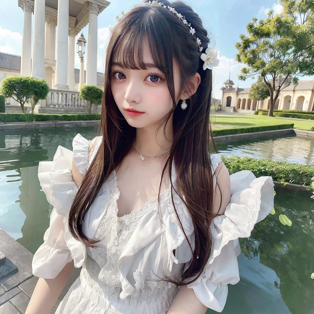 there is an ancient palace beside the girl, a extremely delicate and beautiful girl, photorealistic, incredibly absurdres, Abstract art, Show from the hips to the shoulders, grabbing, extremely detailed body, woman, young,20 years old, very long hair, floating hair, light brown hair, two-tone hair, beautiful detailed hair, delicate beautiful face, light smile, clear eyes, parted_lips, black eyes, neck_ribbon, frilled_dress, jacket, white Clothes, floating palace, beautiful and clear background, beautiful sky, bloom, very precise detailed, absurdres, extremely CG,