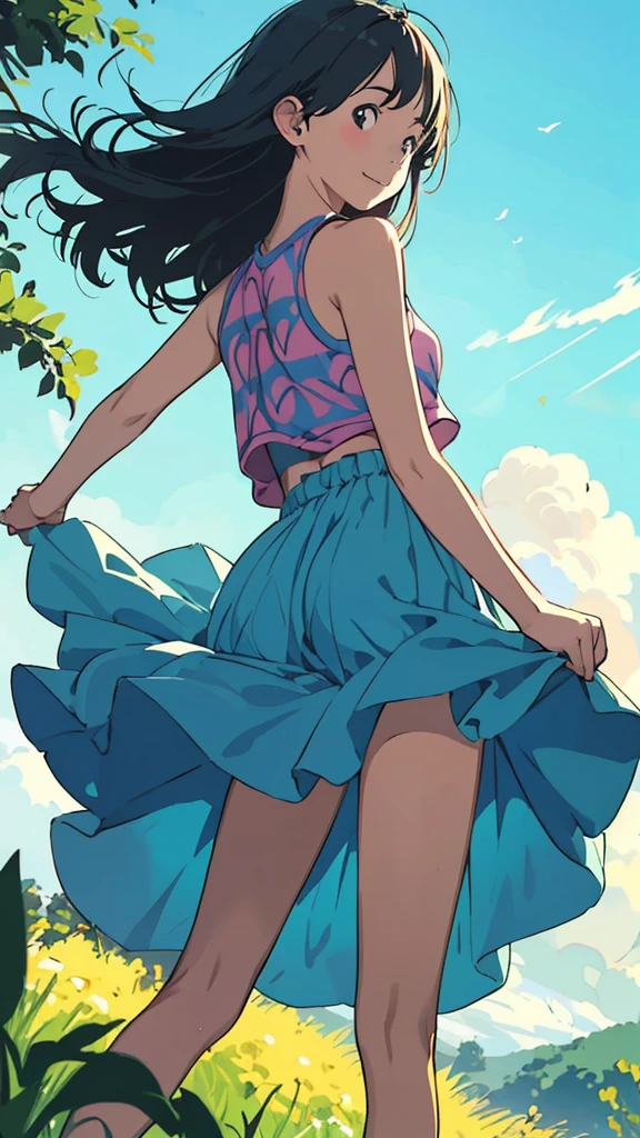 reasonable design, Clear lines, High Sharpness, (highest quality,4K,Perfect sharpness,Ultra fine,High resolution,masterpiece:1.2), Perfect Anatomy:1.5, Official Art, Illustrations that tell a story, (Whitish background:0. 9)、Body Positivity、More Mr.Physical expression、(Random and mischievous poses)、Perfect beauty、Perfect beautiful face、Strong winds、A rich expression、Dynamic composition、smile、Golden ratio composition、colorful、(Mr.Different angles and perspectives)、anime art、mini skirt、(Overcoming stereotypes)、 Glowing Skin、(Natural beauty)、smile、bangs、Straight Hair、(Soft and flowing hair)、(Rural Scenery)、(Nostalgic atmosphere)、Insert up to the thighs、(Playful and carefree)、(More Mr.Ethnic characters)、(innocent attitude)、(Sunny atmosphere)、Skirt flipped up、(Bright colors)、Belly button exposed、Beautiful Eyes、A skirt fluttering in the wind、Put it in to your feet、Some composition patterns、Tank top、Angle from behind、上からアングル、Sensual、