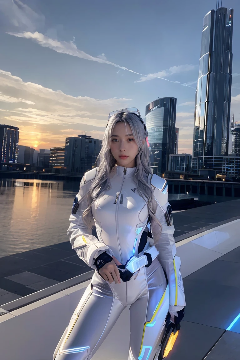 ((masterpiece, best quality, extremely detailed), volumetric lighting, ambient occlusion, colorful, glowing), 
1girl, solo, young girl, (silver hair), long hair, halo, aura, sacred, goddess, cyber suit, (white outfit:1.3), 
outdoors, sunset, sky, clouds, space, (cyberpunk theme:1.2),