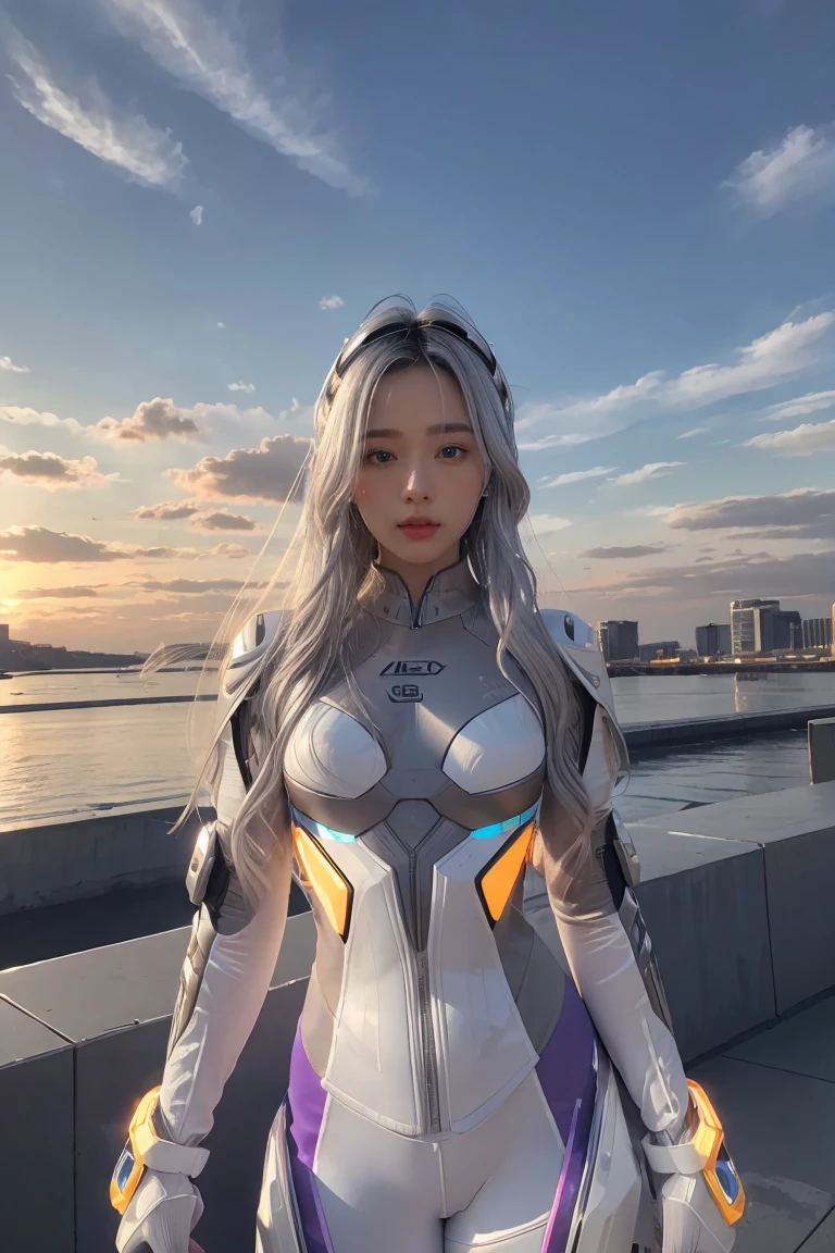 ((masterpiece, best quality, extremely detailed), volumetric lighting, ambient occlusion, colorful, glowing), 
1girl, solo, young girl, (silver hair), long hair, halo, aura, sacred, goddess, cyber suit, (white outfit:1.3), 
outdoors, sunset, sky, clouds, space, (cyberpunk theme:1.2),