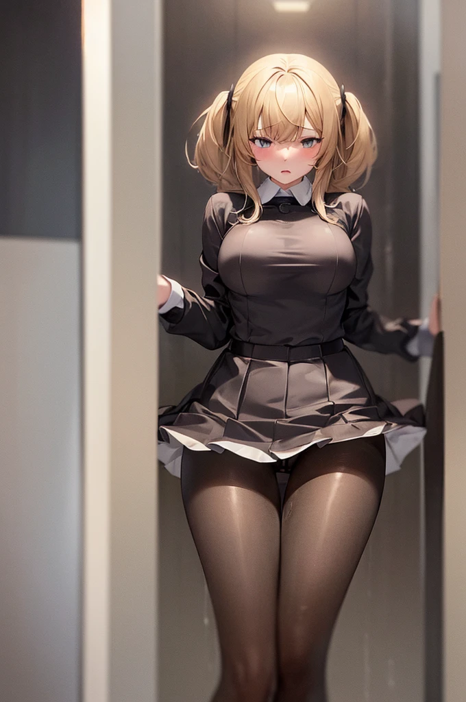 A girl pees in pantyhose and a tight latex skirt. Wet pantyhose, urine flows down her legs. Wet ourselves a lot
