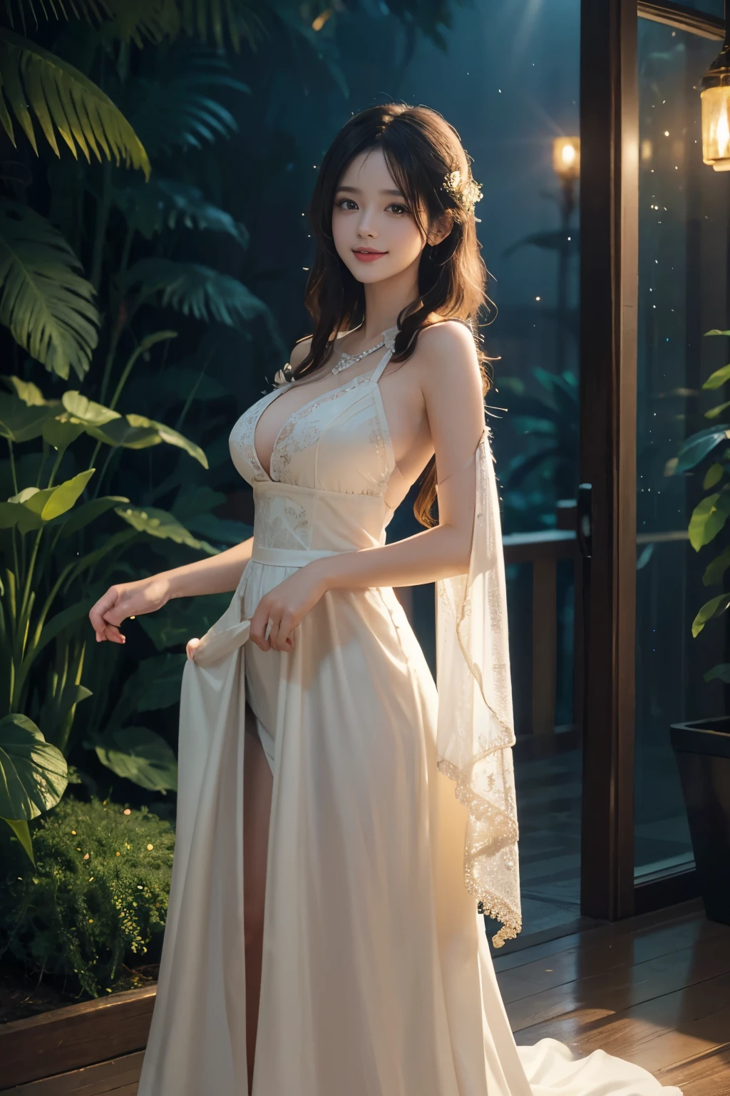 (Masterpiece:1.2), best quality, (illustration:1.2), (ultra-detailed), hyper details, (delicate detailed), (intricate details), (cinematic light, best quality Backlights), clear line, from below, soloist, soft lights, ethereal, magical looking, a candid looking girl with soft curly black hair, brown eyes, Rainforest, fairytale, full body, perfect body, big breasts, magical, light particles, fireflies, cute smile