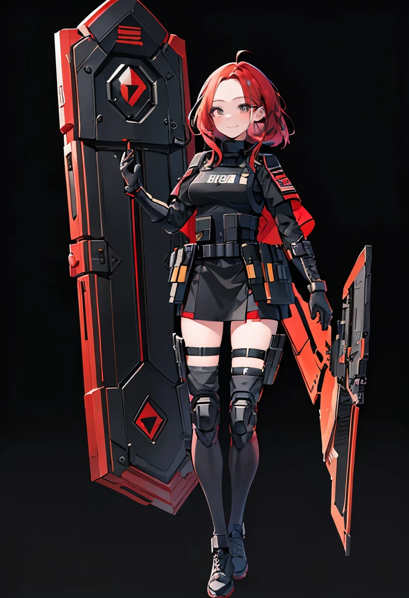 masterpiece, high quality,1 girl, full body, standing, security guard, Special Assault Team, special forces, ((holding super large shield)), black wear, modern, cute, smiling, bright, holding gun, forehead, red hair, medium hair, ((medium length hair)), innocent, cute, ((black background)), ((simple background)), Aurora Arknights, ((have a calm look))