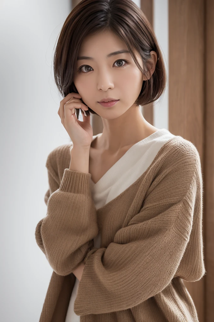 masterpiece, high quality, High resolution, high qualityの, A realistic portrait of a skinny Japanese woman in her 30s shrugging her shoulders in embarrassment. Her cheeks should be a little red., She hesitated shyly.. Her shoulders are slightly raised, Her body language conveys shyness and modesty.. She has light brown eyes, Brunette Hair, simple, Sexy Costumes. Keep the background neutral and soft, Accentuate her facial expression and pose.