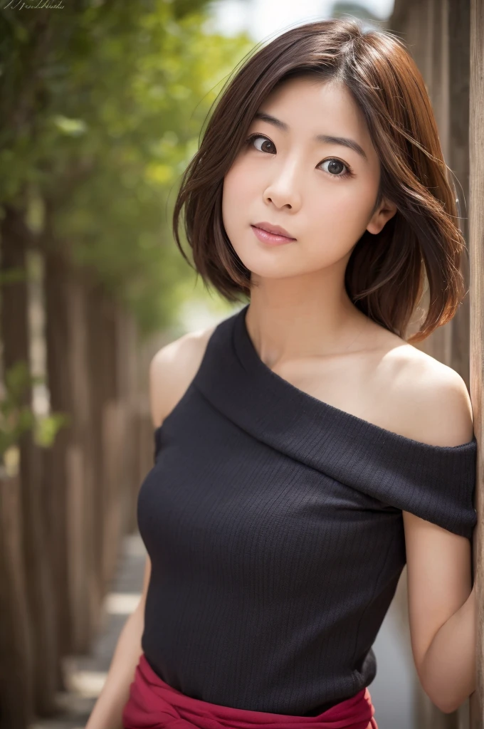masterpiece, high quality, High resolution, high qualityの, A realistic portrait of a skinny Japanese woman in her 30s shrugging her shoulders in embarrassment. Her cheeks should be a little red., She hesitated shyly.. Her shoulders are slightly raised, Her body language conveys shyness and modesty.. She has light brown eyes, Brunette Hair, simple, Sexy Costumes. Keep the background neutral and soft, Accentuate her facial expression and pose.