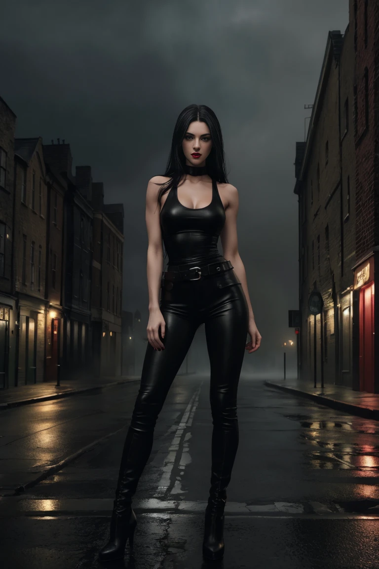 Full body shot a beautiful 25 years old British female vampire, long black hair, green eyes, red lips, muscular body, tight black sleeveless tank top with a deep neckline and black leather tight pants, mid-thigh black leather boots with bird heels view from front, waist up shot, dynamic pose, dark gloomy foggy night in victorian era london, desolate deserted street scene, epic mood, dark shadows, fog, rain, lightning, background foggy, eerie shadow detailed high resolution digital photo