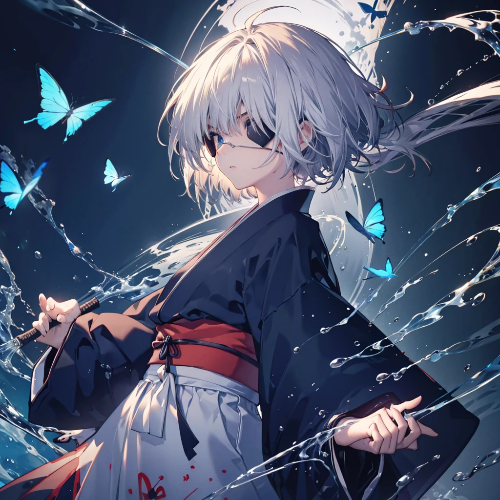 (((1 person Put on an eye patch Gray Hair))) ((High resolution short hair Black kimono red streak Shoulder Rin々Funny face knifeを構える)) ((Black Band samurai Lonely despair blue eyes Close-up)) ((Blue Butterfly night Japanese style old Shining Aura garden water surface Catch the wind)) (dance 日本knife knife Slashing) 月night moonlight star Draw your sword Shining Background Shining Edge