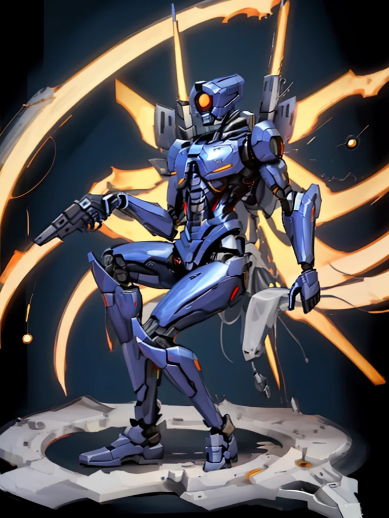 V1, blue robot, detailed, sliding, holding revolver, coin in air, gunshot, ricochet using coin, hell, solo, slim, aggressive, slim body