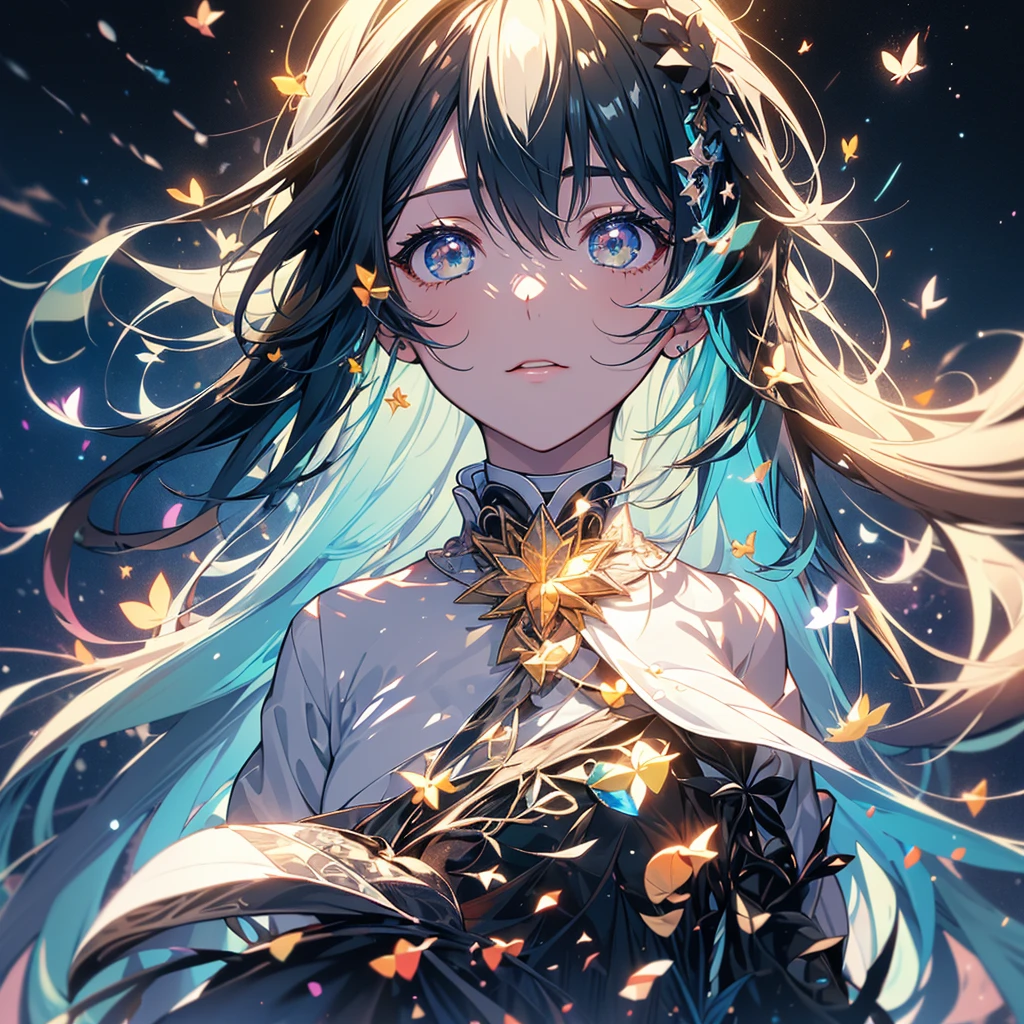Stars and comets pass by in the open sky, Beautiful clouds, black rose field, A tree with glowing fireflies and butterflies々, A girl looking up at the sky in the middle of a field, (Ultra-realistic), {the Extremely Detailed CG Unity 8K Wallpapers}, Photography of the vast landscape, (View from below showing the entire expanse of the sky, Vast open field view), (low angle shot), (light: 1.5), (Warm light source: 1.2), intricate-detail, (Irridescent color: 1.2), (Bright lighting), (Atmospheric lighting), Dreamy, Magical, (Solo: 1.2)(Detailed face:1.3), (Cute teenage woman, Solo),Beautiful portrait、Delicate body、(Fractal Art:1.3)、The upper part of the body、look up to、patterns、(rainbow-colored hair、colourful hair、Half white and half black hair:1.2)、Eau、liquids、云、colourfull、Duan、background doodle、Contemporary art