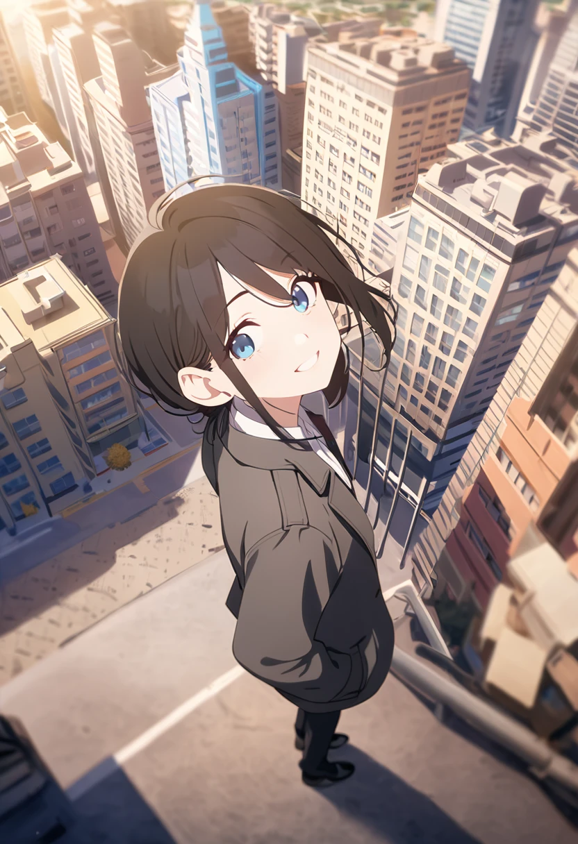 masterpiece,depth of field,8K,looking at the viewer,Grey coat,looking up,black leather shoes,black hair,blue eyes,city,afternoon,sky,man,hands in pockets,smiling