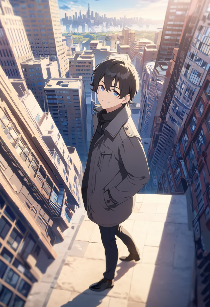 masterpiece,depth of field,8K,looking at the viewer,Grey coat,looking up,black leather shoes,black hair,blue eyes,city,afternoon,sky,man,hands in pockets,smiling