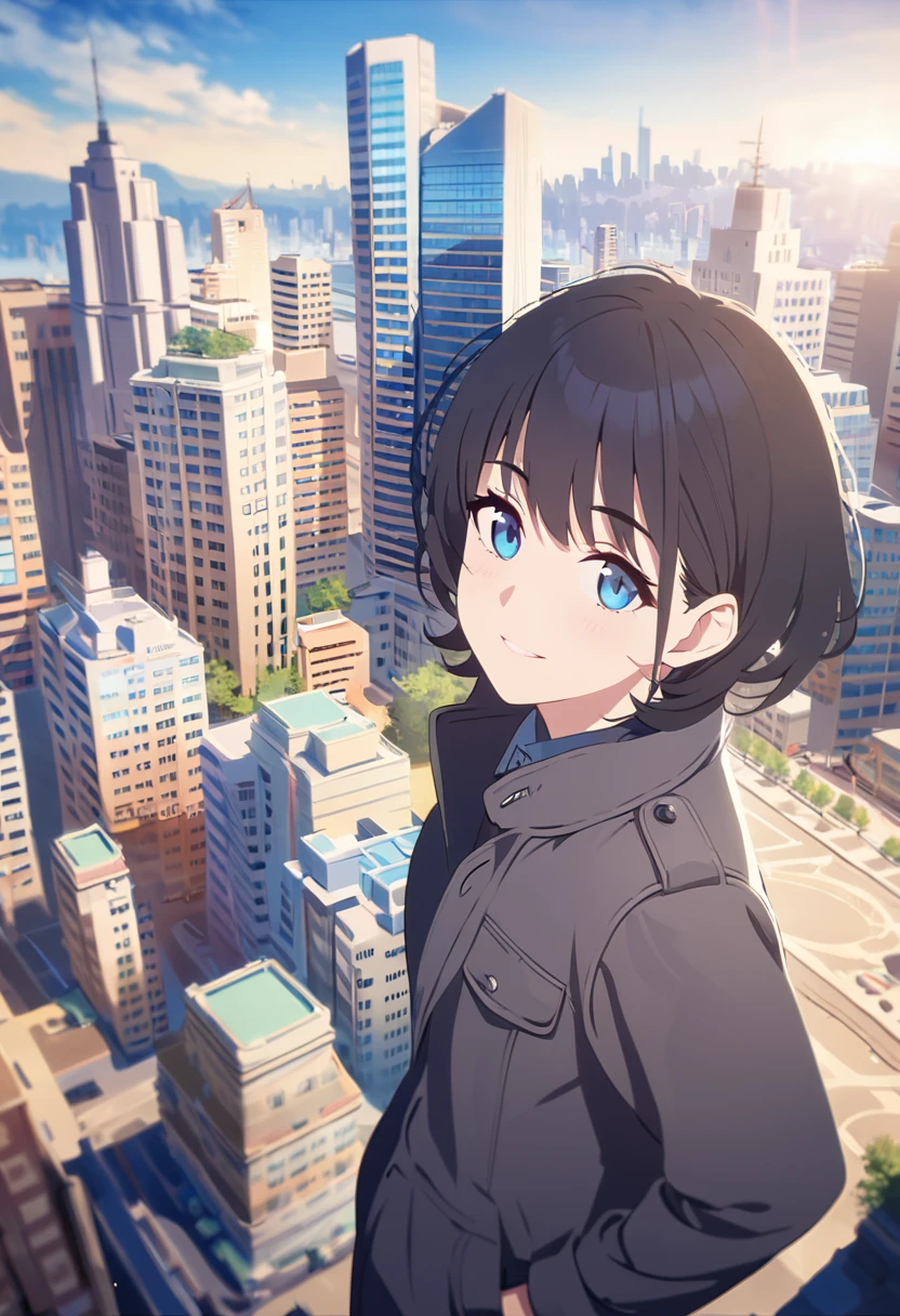 masterpiece,depth of field,8K,looking at the viewer,Grey coat,looking up,black leather shoes,black hair,blue eyes,city,afternoon,sky,man,hands in pockets,smiling