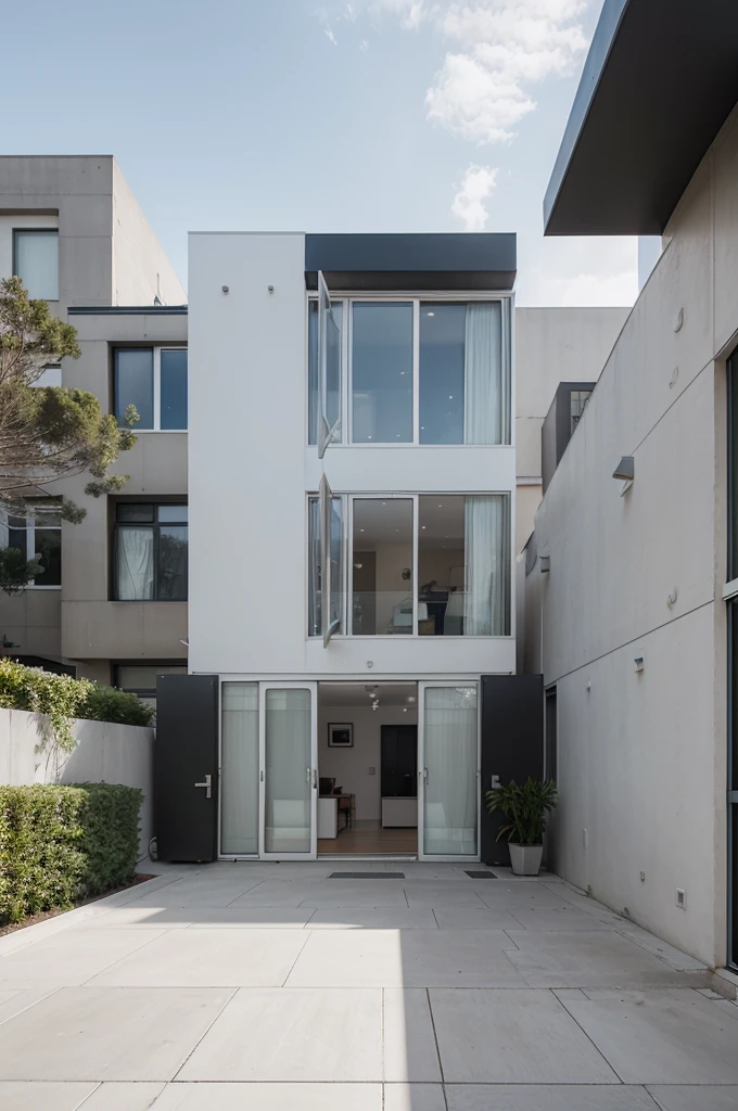 "A modern 3-story townhouse with a sleek, contemporary design. The facade is a combination of glass, steel, and concrete, with large windows and a minimalist aesthetic. The first floor has a spacious garage and a small garden area. The second floor features a wide balcony with glass railings. The third floor includes a rooftop terrace with outdoor seating and greenery. The overall style is elegant and clean, with an emphasis on geometric shapes and open spaces. The house is situated in a vibrant urban environment with other modern buildings nearby."

