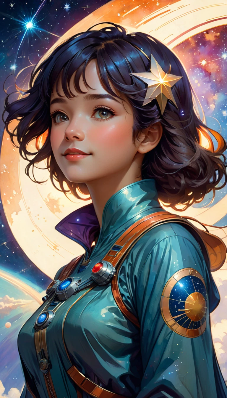 An airplane, a galaxy, a space girl, a passionate expression, a happy expression, a ragged expression, art nouveau, watercolor, overconfident and impulsive, witty and smart, feminine, precocious and romantic, and a very intelligent and warm palette, tech girl, nerdy, intelligent, a planet from a distant background, she's looking at the stars above, medium wide, highly detail, unreal engine, greg rutkowski, loish, rhads, beeple, makoto shinkai and lois van baarle, ilya kuvshinov, rossdraws, tom bagshaw, alphonse mucha, global illumination