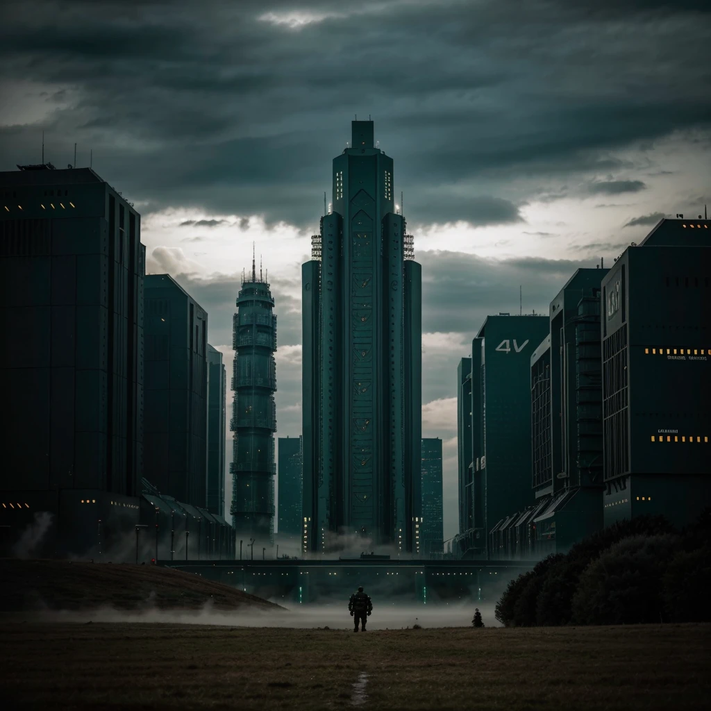 Scene of a futuristic war on a sci fi planet lot of details,cloudy day, dark cinematic lights cinematic lights best quality,4k,8k,highres, t Dark and green landscapeatmosphere that conveys sadness, 8k, ultra realistic, dramatic lighting.