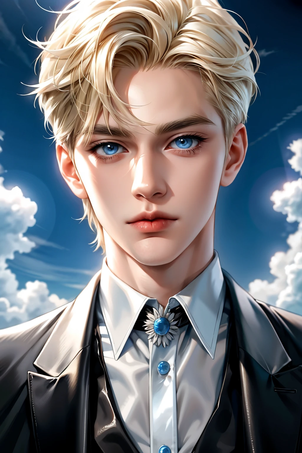 Boy, blonde hair, sky blue eyes, sharp features, white skin, shiny lips, handsome, formal suit
