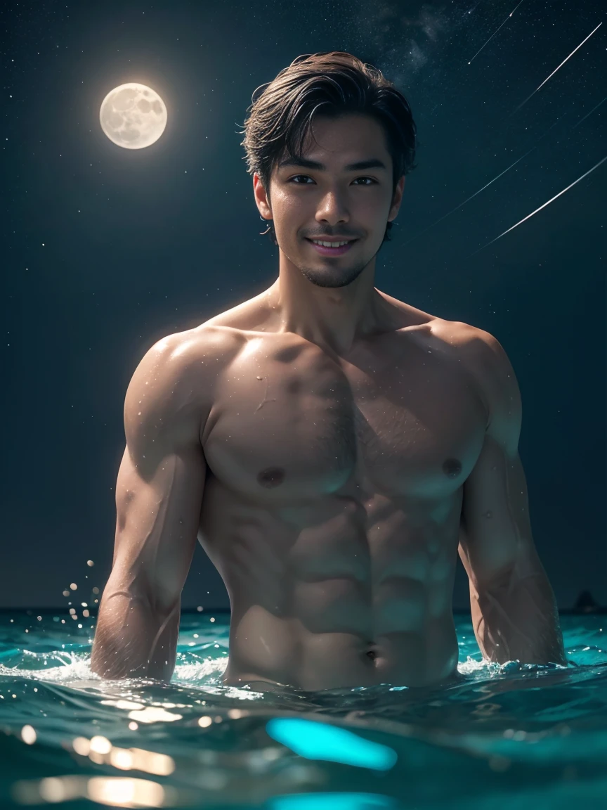a man, in a sea, with half his body submerged in the water, behind a starry sky with a moon in the center.facing forward,light smile