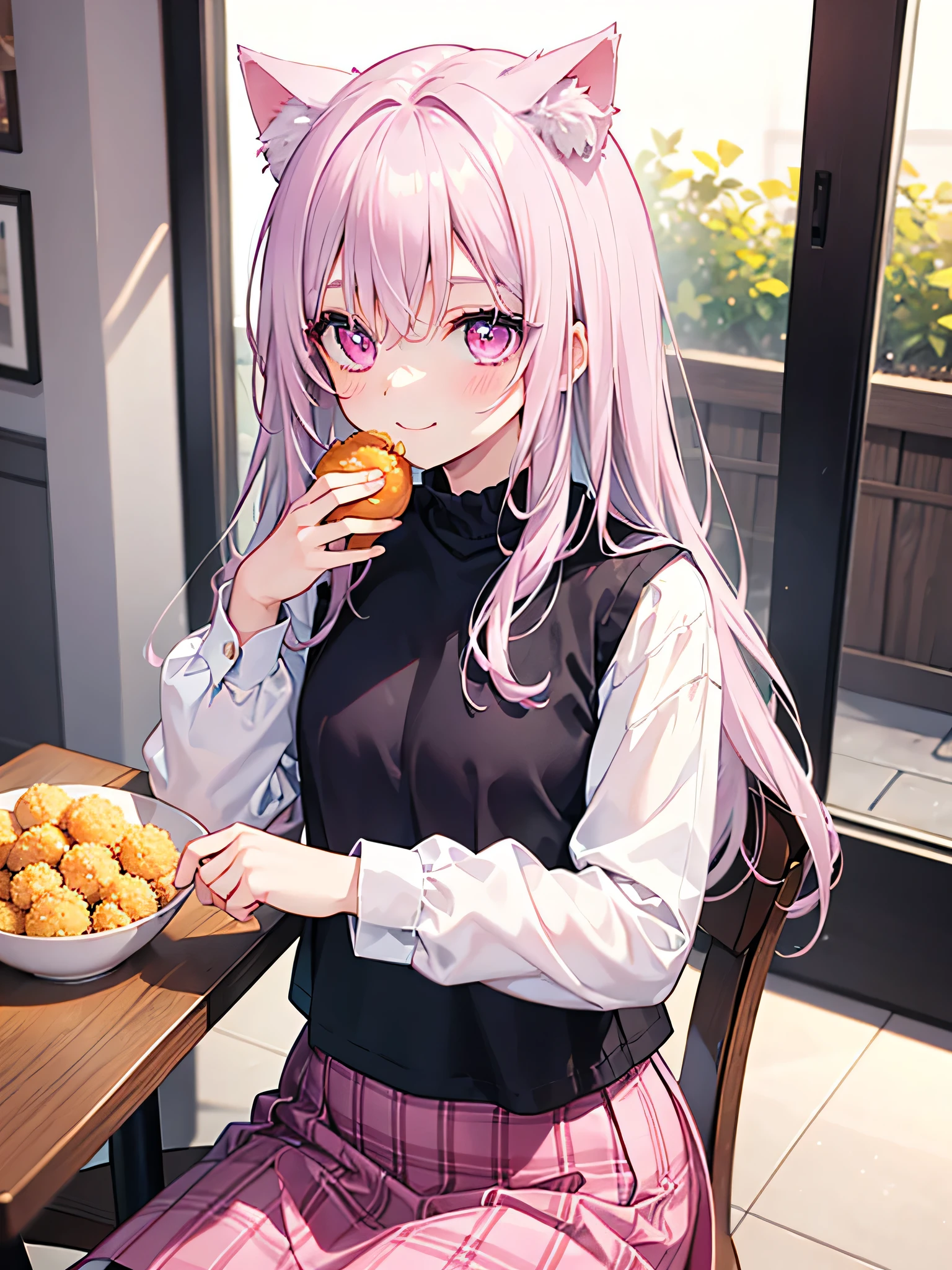 Highly detailed face,fine grain,Sparkling eyes,Highlighted eyes,Medium chest,pretty girl,smile,Cat ear,Beautiful silver hair,Pink inside,Beautiful pink eyes,Oversized shirt,skirt, eat,big rice ball