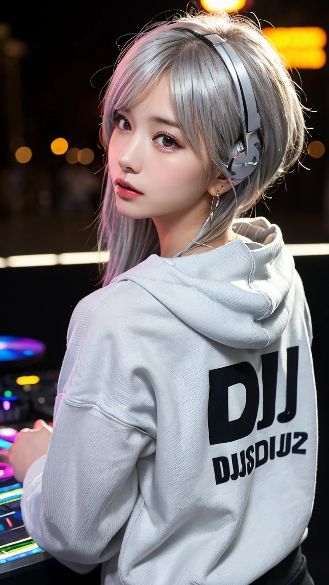 highest quality, Tabletop, 超A high resolution, (Realistic:1.4), (Japanese Idols),RAW Photos, One Girl, night,Detailed skin,nightclub,disco,(bionde:1.2), (silver inner hair:1.3),Glossy lips,28 years old,Beautiful and beautiful eyes,eye shadow,Diamond jewellery,Earrings,Gold Jewelry,(hoodies:1.3),,(Strengthening shoulders:1.2),A well-trained body,(Pixie Cut),Round face,(playing music as a dj:1.5),  (dj:1.2) playing at a vibrant (music festival:1.2) with (energetic crowd:1.1) and (colorful stage lights:1.1), (Back view:1.8 ),Back view,(Distant composition),(back of head:1.8),Composition from behind,