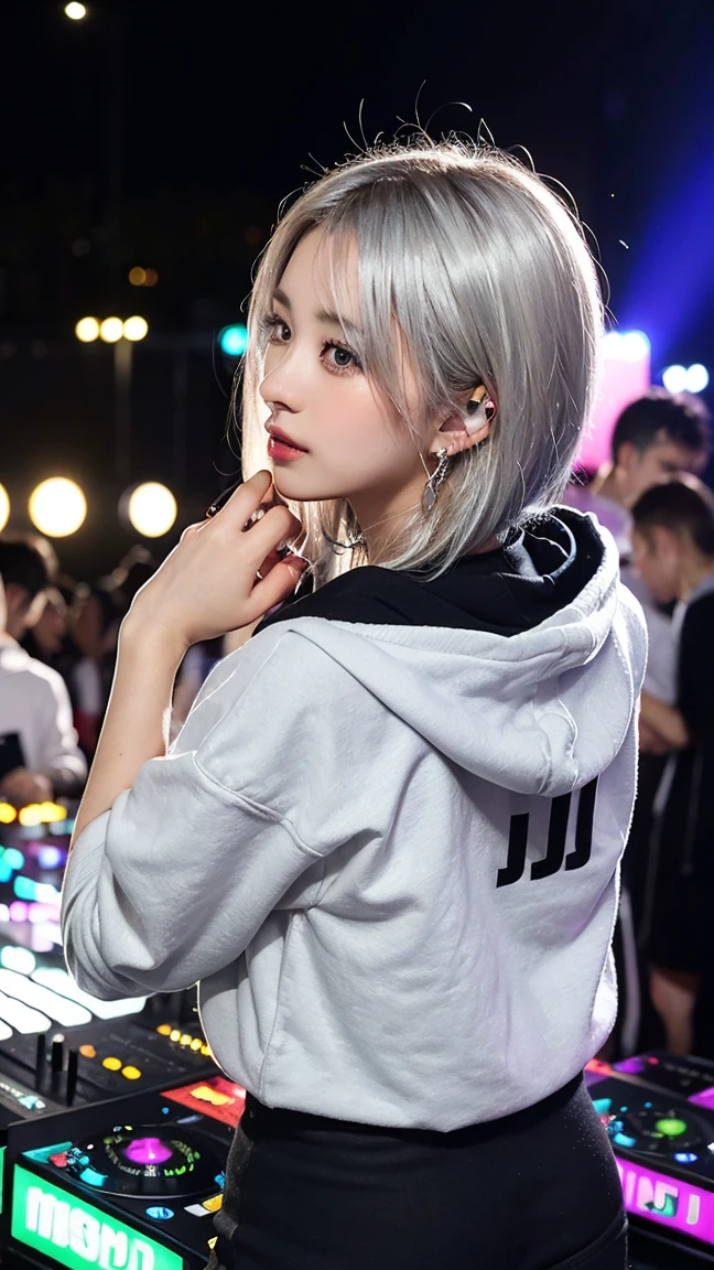 highest quality, Tabletop, 超A high resolution, (Realistic:1.4), (Japanese Idols),RAW Photos, One Girl, night,Detailed skin,nightclub,disco,(bionde:1.2), (silver inner hair:1.3),Glossy lips,28 years old,Beautiful and beautiful eyes,eye shadow,Diamond jewellery,Earrings,Gold Jewelry,(hoodies:1.3),,(Strengthening shoulders:1.2),A well-trained body,(Pixie Cut),Round face,(playing music as a dj:1.5), (dj:1.2) playing at a vibrant (music festival:1.2) with (energetic crowd:1.1) and (colorful stage lights:1.1), (Back view:1.8 ),Back view,(Distant composition),(back of head:1.8),Composition from behind,