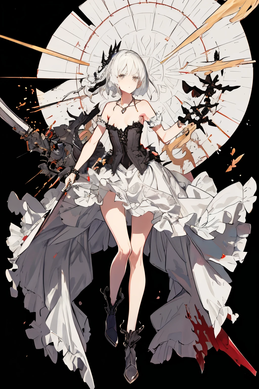 ((best quality)), ((masterpiece)), (detailed), 1girl, Character design, female, dynamic poses, long white grey hair, grey white eyes, very skinny, detailed, best quality, no accesoires around the neck, no shoes, prominent collarbones, skinny arms, flat stomach, visible hip bones, full body, blank white background, plain background, white background, red and white clothing, Bloodborne inspired, occult aesthetic, occult, detailed and intricate steampunk and detailed gothic, NSFW, Very dramatic and cinematic lighting, cosmic horror, grim-dark, side-lighting, perfect face, NSFW, Fluttering lace flared long knee length dress with frilly petticoats, knee length dress, pleated petticoats, petticoats gothic, complex lace boots, side-lighting, gothic aesthetic, wielding a mighty sword with mechanical components, mandalas, small breasts, a fairy, various different types of insect wings, beetle wings, NSFW, full body, whole body, body, plain background, white background, blank background, no background, white background NSFW, chains, full body, whole body, head-to-toe NSFW